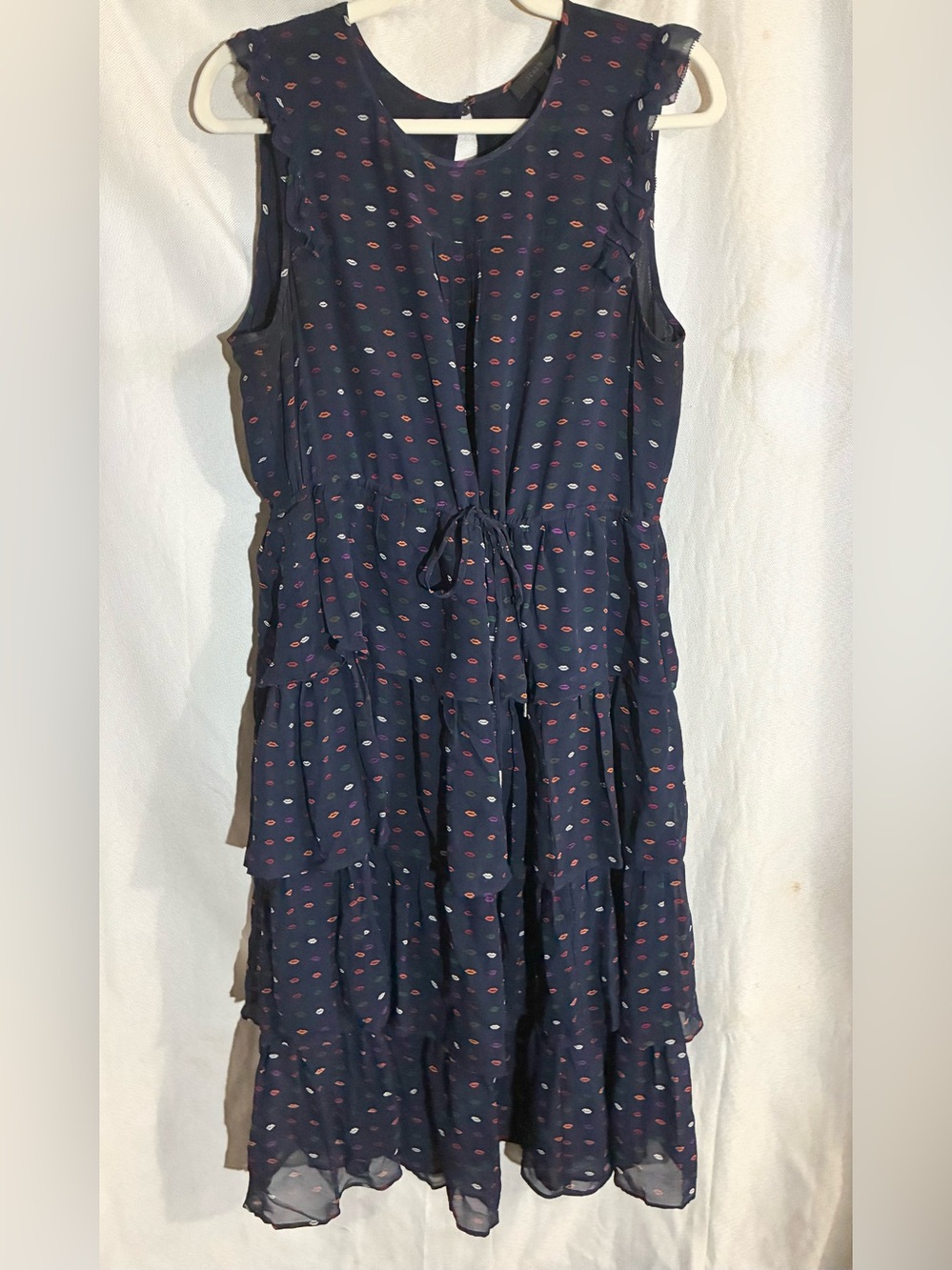 J Crew Novelty SILK Lips Dress Sz 14 Semi Sheer Tiers Tie Adj Waist Office Party